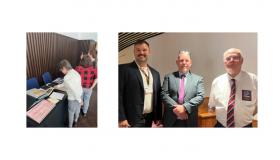 Some artefacts on display, and James Rogers with Brian and Matt