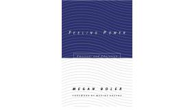 The half blue and half white front cover of the book feeling power on a white background