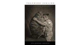 The front cover of Touching Feeling featuring a woman hugging a ball of woven material. The book is against a white background