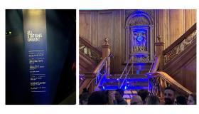 Left: a text board with messages to and from the Titanic before it sank. Right: the wooden staircase of the Titanic dining room replica in Belfast