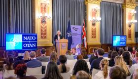 Joanne Hamer MBE (Director of Euro-Atlantic Security) addresses BISA Model NATO students 