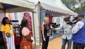 Erin Hannah being interviewed in Cameroon