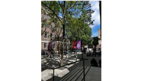 SOAS courtyard with signs 