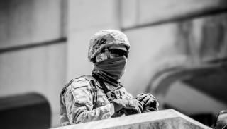 US soldier wearing a face covering