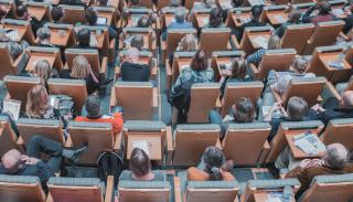 Aerial view of students in a lecture hall