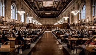 A library filled with people studying.