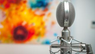 Condenser mic with a floral canvas in the background