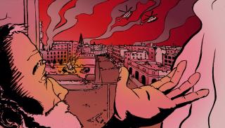 A page from the article's comic strip titled 'Aleppo Man: A Gothic Tale for IR'. This panel depicts the destruction of Aleppo in the background with a blood red sky and helicopters dropping bombs, whilst an older bearded man mourns in the foreground.