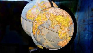 Two illuminated globes