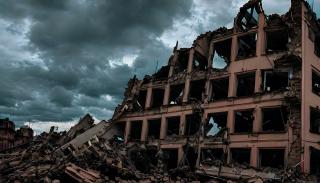 a destroyed building in Kyiv