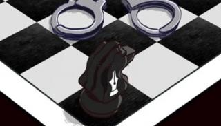 A painting of a chessboard with handcuffs