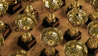 Multiple trophies lined up