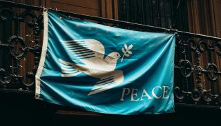a blue flag which has a dove and says peace.