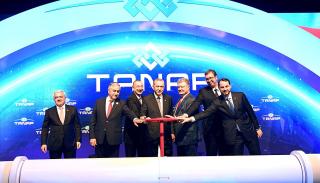 opening of the Trans-Anatolian gas pipeline, featuring seven men including President Erdoğan