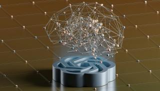 image of a brain hovering over a metal base made up of metal rods