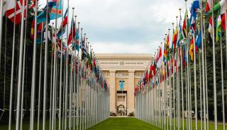 The lead up to the UN main building with each nations flags lining the walkway