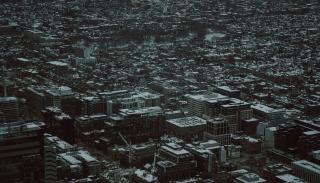 arial shot of a city after war
