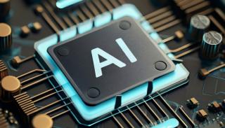 An image of a computer chip with the word AI written on it.