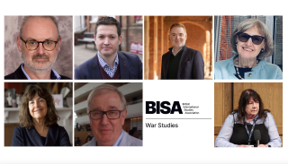 BISA war studies logo and headshots of Fiona Stephen, Mick Cox, Aaron Edwards, Caroline Kennedy-Pipe, Roger Mac Ginty, Mary Kaldor and Richard Hargy