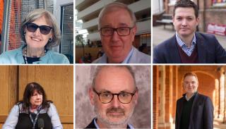 Headshots of Fiona Stephen, Mick Cox, Aaron Edwards, Caroline Kennedy-Pipe, Roger Mac Ginty and Richard Hargy
