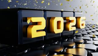 The numbers 2026 in 3D yellow on a black background