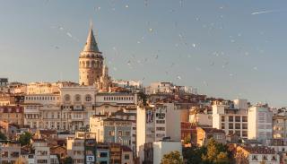 A group of white coloured buildings sat on a mountain top against a blue sky with birds flying over the top. 