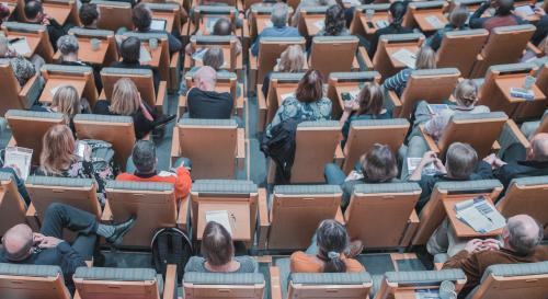 Aerial view of students in a lecture hall