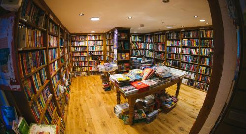 View into a bookshop with a fish eye lens