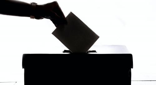 A silhouette of a hand placing a ballot slip into a ballot box