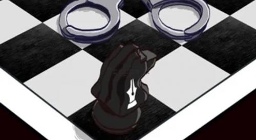 A painting of a chessboard with handcuffs