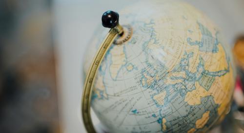An image of a globe spun towards Europe.