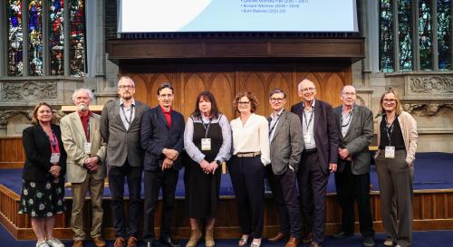 A group photo of the participants in the BISA 50th anniversary former Chair roundtable in Belfast. Left to Right is Juliet Dryden, Barry Buzan, Kyle Grayson, Mark Webber, Caroline Kennedy Pipe, Ruth Blakeley, Richard Whitman, Chris Hill and Chris Brown