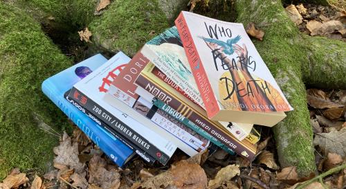 Photograph of some books fanned out on a tree's roots
