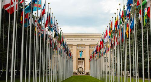 The lead up to the UN main building with each nations flags lining the walkway