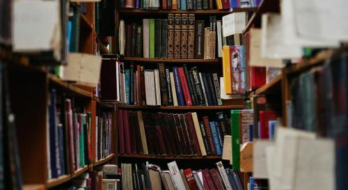 Shot of a set of library shelves with multicoloured books.