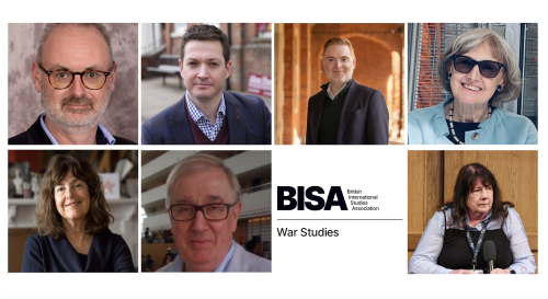 BISA war studies logo and headshots of Fiona Stephen, Mick Cox, Aaron Edwards, Caroline Kennedy-Pipe, Roger Mac Ginty, Mary Kaldor and Richard Hargy