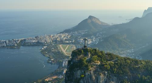 A shot of Christ the Redeemer and the Brazilian coast