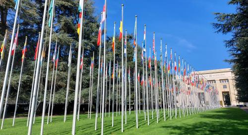 Line of flags leading up to the UN headquarters 