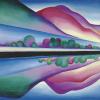 Georgia O'Keeffe - Lake George Reflection. An abstract oil painting of a lake with mountains reflected in it. The artist uses pinks and purples as well as greens and blues.